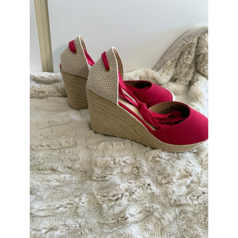 London Rebel Womens Red Canvas Espadrille Wedge Sandals Lace Up Ankle Tie Size10 - Picture 2 of 7